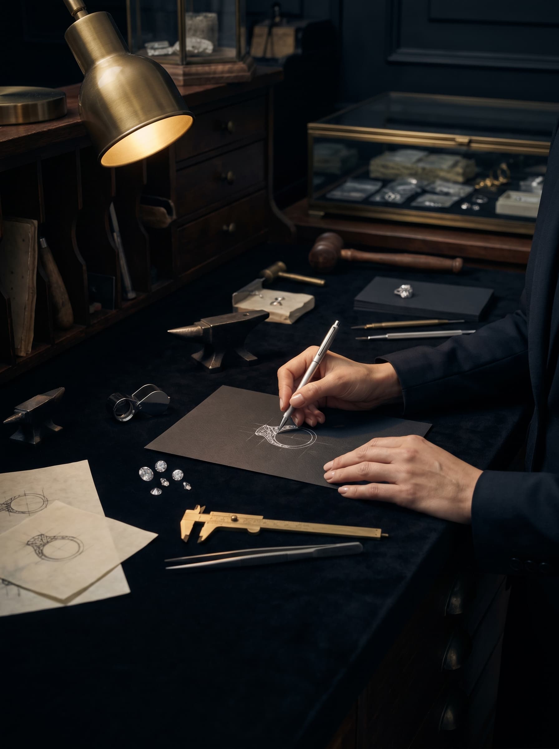 Design sketches, tools, and loose diamonds on the atelier worktable