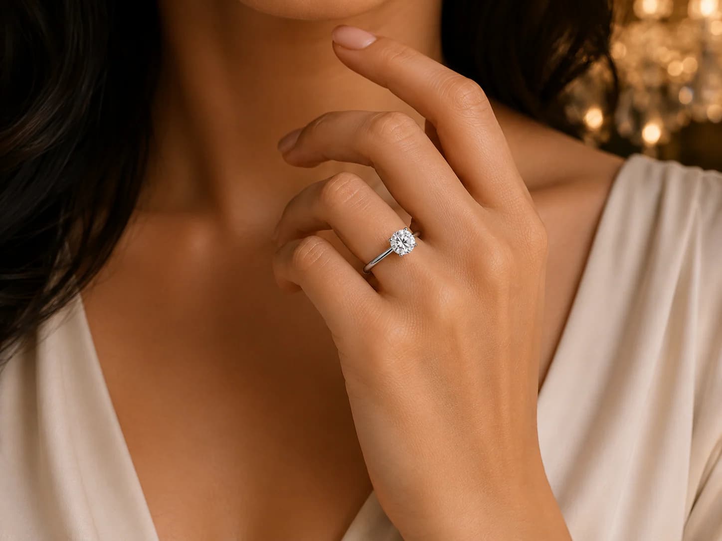 Round solitaire ring worn on the hand, shown at true scale